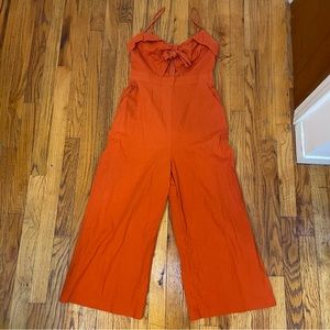 Orange Cropped Linen-Blend Jumpsuit with Keyhole, Adjustable Straps, & Pockets
